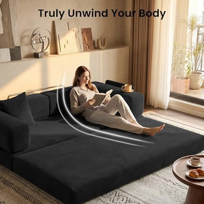 78.8" Convertible Futon Sofa Bed, Couch for Living Room | Corduroy Loveseat Sleeper Sofa, Modular Futon Couch with Storage Pocket, Pull Out Couch No Assembly | Black