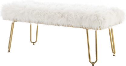 White Faux Fur Ottoman Bench Upholstered Furry Entryway Bedroom Bench with Gold Metal Legs, Modern Contemporary Long Bench Ottoman Hair Foot Rest Stool for Entryway, Living Room, Bedroom