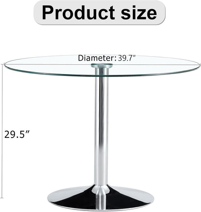 gopop 40" Round Glass Dining Table, Modern Kitchen Table with Tempered Glass Top & Stainless Steel Silver Leg, Clear Dining Room Table for Kitchen Dinner Room.