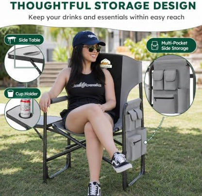 Colegence Oversized Directors Camping Chairs, 2 Pack, 600 lb, Black | Heavy duty outdoor chairs for adults, 28" wide seat, supportive back, side table, cup holder, detachable storage pocket