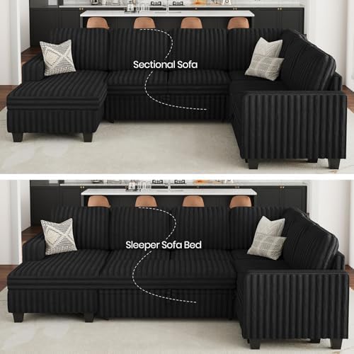 Belffin Corduroy Sleeper Sofa Bed with Storage Chaise Modular Sectional Sofa Couch with Pull Out Bed L Shaped Sectional Couches for Living Room Black Couch
