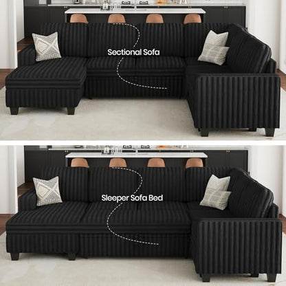 Belffin Corduroy Sleeper Sofa Bed with Storage Chaise Modular Sectional Sofa Couch with Pull Out Bed L Shaped Sectional Couches for Living Room Black Couch