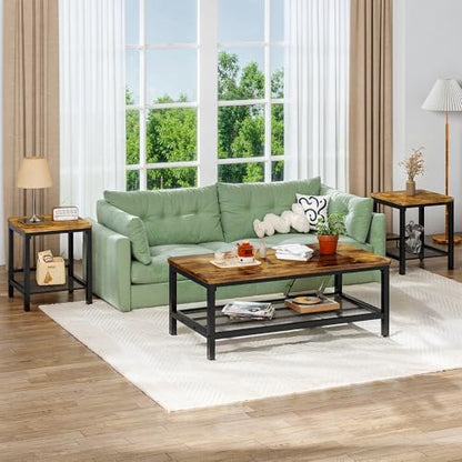 Recaceik 3-Piece Living Room Coffee Table Set, Industrial Coffee Table with 2 Square End Side Tables, Modern Living Room Table Set with Metal Frame for Apartment Home Office (Rustic Brown)
