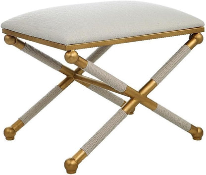 BOWERY HILL Contemporary Small Bench, 24"x17"x20.25", Iron Base Gold Leaf Finish, White Polyester Upholstery, Braided Rope Detailing, Living Room Seating or Accent Piece