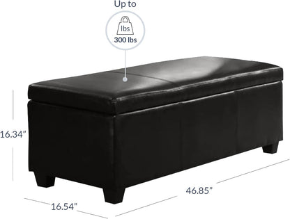 BELLEZE Storage Faux Leather Ottoman, 47 Inch Bench Bedroom Bench with Safety Close Hinge, Extra Long Ottoman with Storage for Living Room, Entryway, Hallway, Foot Rest, Support 300lbs - Black