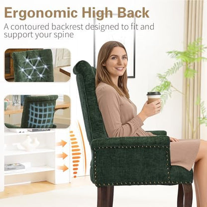 cinkehome Set of 6 Upholstered Dining Chairs, Dining Room Kitchen Chair with Armrest and Solid Wood Leg, Mid Century Modern Side Chairs (Olive Green, Chenille)