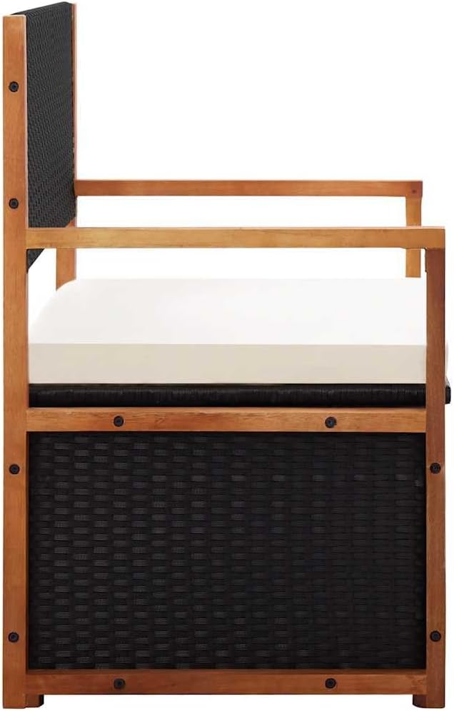 Poly Rattan Patio Storage Bench with Solid Acacia Wood Armrests and Backrest, Large Outdoor Storage Bench with Removable Seat Cushion