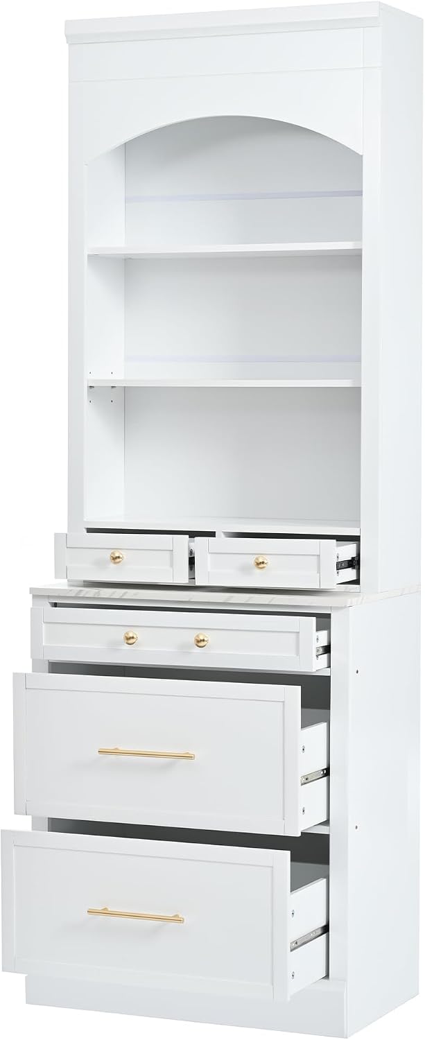 Modern 83.7inch High Kitchen Pantry, Freestanding Tall Kitchen Hutch with Faux Marble Top, Display Cupboard Cabinet with 5 Storage Drawers and Adjustable Shelf (White-073)