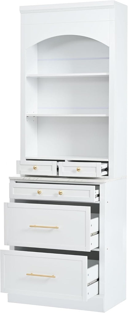 Modern 83.7inch High Kitchen Pantry, Freestanding Tall Kitchen Hutch with Faux Marble Top, Display Cupboard Cabinet with 5 Storage Drawers and Adjustable Shelf (White-073)