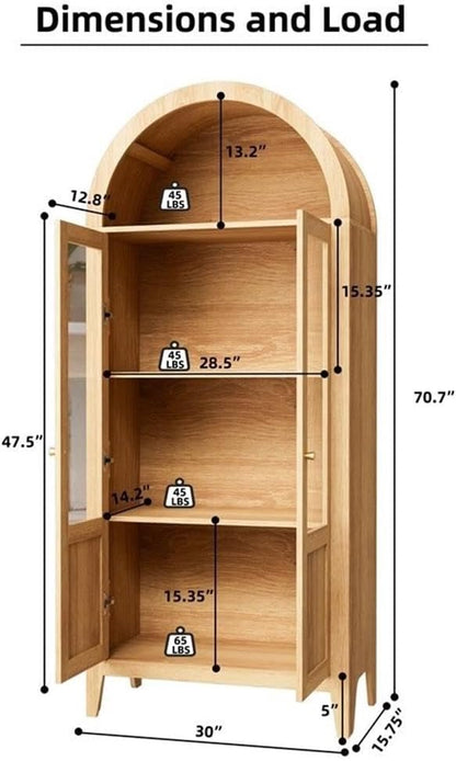 Light Brown Tall Arched Cabinet with Glass Doors Storage Cabinet Engineered Wood Display Cabinet for Kitchen Dining Room Living Room Anti Tip Design