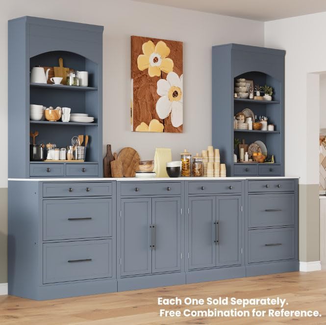 Modern 83.7inch High Kitchen Pantry Storage Cabine, Freestanding Tall Kitchen Hutch with Faux Marble Top, Display Cupboard Cabinet with 5 Storage Drawers and Adjustable Shelf, Gray