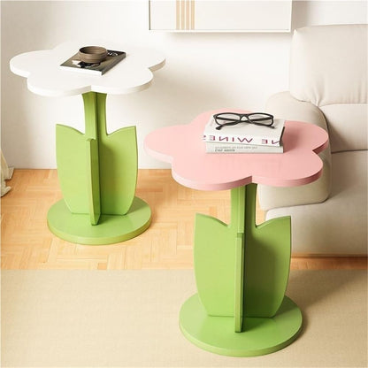 Funky Flower-Shaped Sofa Side Table, Small Nightstand/Coffee Table with Storage Tray, Cute Wooden End Tables, Furniture Decorative for Living Room, Bedroom, Small Spaces(Pink)