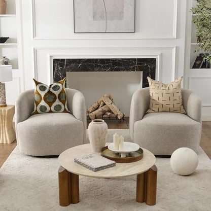 KINWELL 34" W Boucle Swivel Barrel Chairs with Pillow Set of 2, Taupe | No Assembly Round Sherpa Upholstered Armchairs Accent Chairs Single Sofa Chairs with Toss Pillow for Living Room and Bedroom