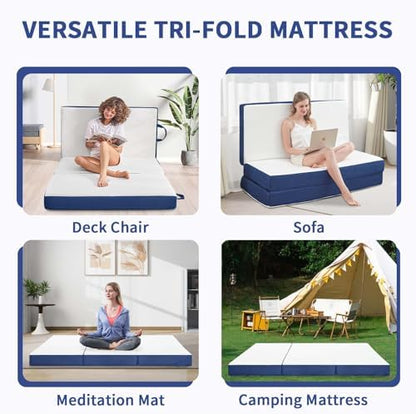 CYMULA Folding Mattress Twin, 6 Inch Memory Foam Tri-Fold Floor Bed and Futon,Twin Topper with Breathable & Washable Cover,Foldable Mattress for Guest Bed, Office Nap,Camping,White，38"x75" 6"