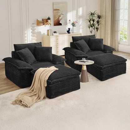 Oversized Chaise Lounge Chair Indoor with Ottoman, Upholstered Corduroy Modern Sofa Chair, Deep Seat Comfy Reading Armchair, Sleeper Sectional Couch for Living Room/Bedroom(47.6"W, Black)