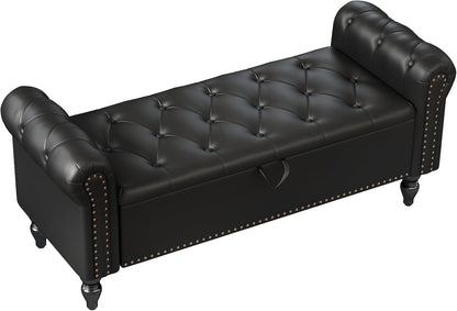 Furniliving 51” End of Bed Bench, Bedroom Bench with Button-Tufted, Large Upholstered Storage Ottoman Benches Entryway Bench with Storage Shoe Cabinet Bench, for Bedroom, Living Room, PU, Black