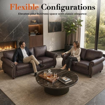 Couchus 88" W Living Room Furniture Sets, 3-Seater&Loveseat, Brown | Faux Leather Fabric Sofa and Couch Sets, Mid-Century Sofa Set with Nailhead Trim