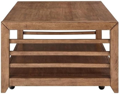 Pemberly Row 3-Piece Living Room Table Set, Harvest Brown Wood Finish, Poplar and Maple Veneers, Includes Cocktail Table with Casters and 2 End Tables, Shaker Style, Storage Shelves for Living Room