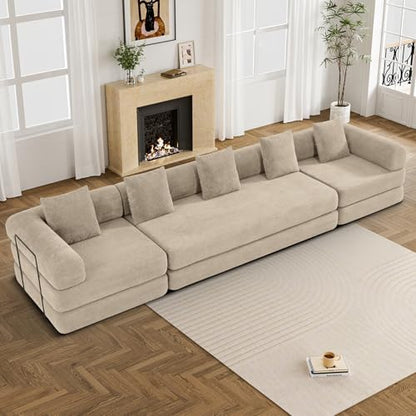 DAMAIFROM Convertible Sleeper Sofa Bed Floor Couch, Light Brown | 158" Corduroy Modular Compressed Futon Sofa Bed, Pull-Out Cloud Sectional Couch with Memory Foam Mattress for Living Room