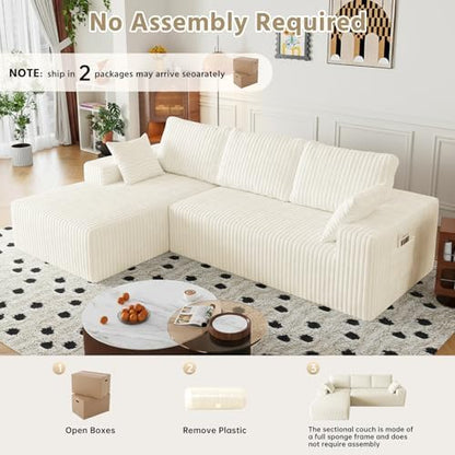 108" Modular Sectional Cloud Cream Couch for Living Room Deep Seat L Shapes Couch with Oversized Chaise Lounge, Comfy Memory Foam Flannel Fabric Sofa for Bedroom Apartment