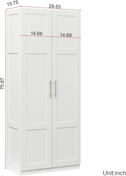 White Pantry Cabinet with 2 Doors and Adjustable Shelves, 70.87" Tall Kitchen Storage Cabinet, Freestanding Cupboard for Kitchen, Dining, Living, Bathroom and Laundry