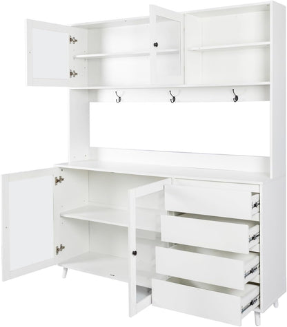 74.8" Tall Kitchen Pantry Storage Cabinet, Modern Food Pantry Cabinet with Microwave Stand Wooden Kitchen Hutch Cabinet with 4 Doors, 4 Drawers and 3 Hooks for Dining Room, White