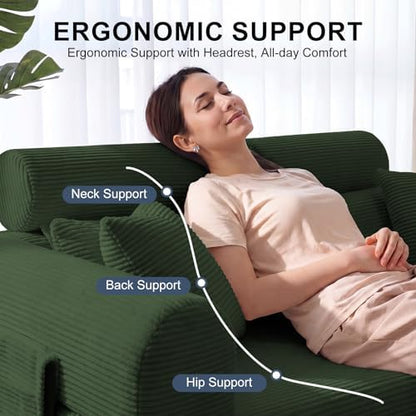79" Convertible Futon Sofa Bed,High Back Couch for Living Room | 5-in-1 Corduroy Loveseat Sleeper, Futon Couch with Ergonomic Support & Side Storage Pocket, No Assembly,Olive Green