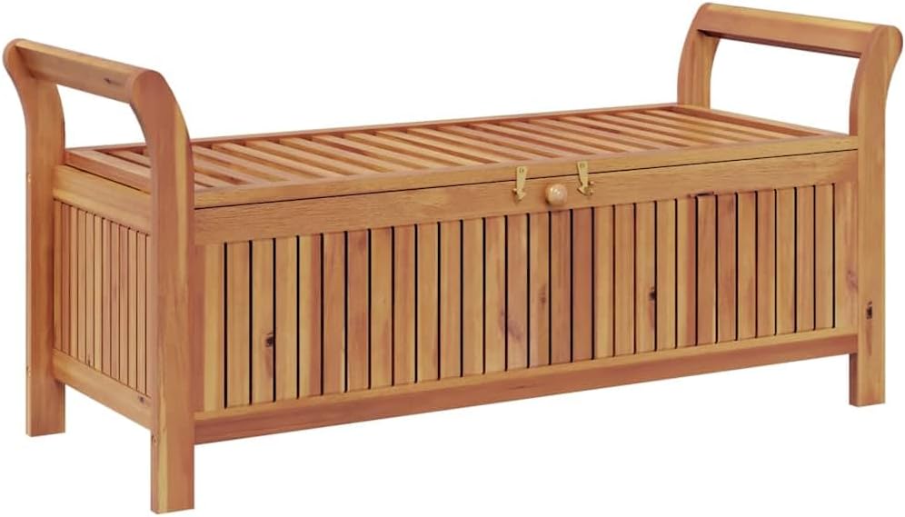 Solid Acacia Wood Patio Storage Bench with Cushion, 49.6 Inch Outdoor Garden Bench with Curved Arms and Ample Storage Space