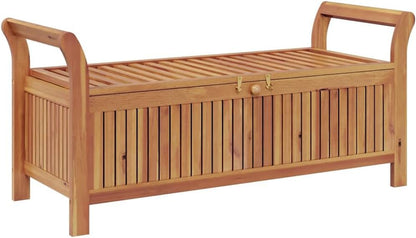 Solid Acacia Wood Patio Storage Bench with Cushion, 49.6 Inch Outdoor Garden Bench with Curved Arms and Ample Storage Space