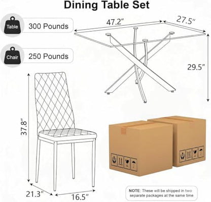 5 Piece Glass Dining Table Set for 4, Modern Kitchen Table and Chairs Set, Tempered Glass Table with 4 Upholstered Chairs, Space-Saving Dining Set for Small Apartment, Kitchen (Silver&White)