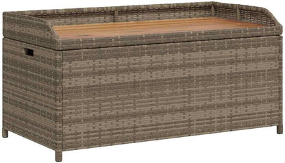 Storage Bench for Patio and Garden, Grey Poly Rattan and Solid Acacia Wood Outdoor Deck Box, 2-Person Seating Bench with Gas Spring Lid for Backyard, 39.4 x 19.7 Inches