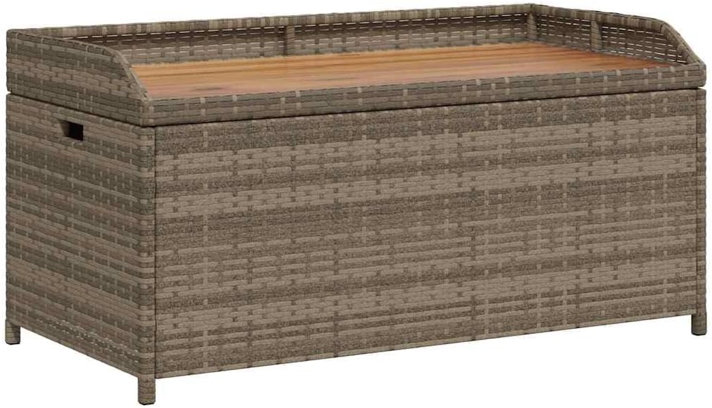 Storage Bench Grey and Brown, Poly Rattan and Solid Acacia Wood Outdoor Seating with Gas Spring Lid, 39.4 Inch Rectangular Deck Box for Patio Garden and Terrace, 2-Person Seat