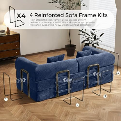 79" Convertible Futon Sofa Bed, Couch for Living Room | Blue | Folding Corduroy Sleeper Sofa, Modular Futon Couch with Fixed-Shape Frame, Pull Out Couch No Assembly