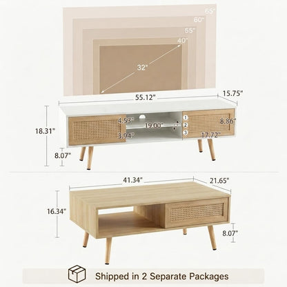 Boho Coffee Table & TV Stand Set of 2, Sliding Door Storage, Natural | Boho Entertainment Center Sturdy Frame, Natural TV Console Coffee Table with Sliding Door, Living Room Storage, Easy Assembly