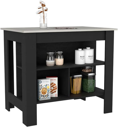 Kitchen Island Dozza with Three Shelves Black and Ibiza Marble Finish | Three storage shelves with varying dimensions for organized kitchen storage