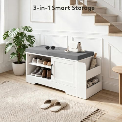 Farmhouse Shoe Storage Bench with 3-in-1 Entryway Storage & Padded Seat | 27.8" Wide Entryway Bench with Adjustable Shelves, Shoe Organizer & Side Storage Rack for Living Room, Bedroom, White