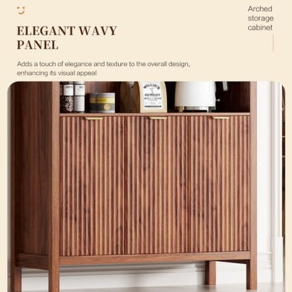 Ieejdn 71.34" Tall Arched Kitchen Pantry,Modern Fluted Wood Storage Cabinet with Doors,Adjustable Shelves,Organizer, Versatile Cupboard for Kitchen,Living Room,Dining Room,Bathroom,Walnut
