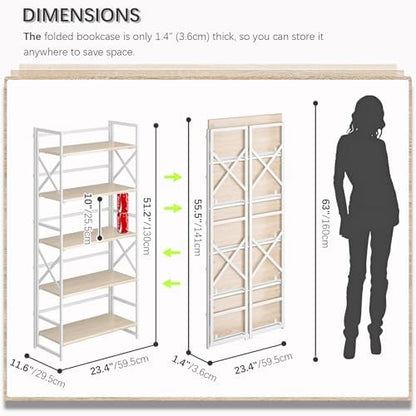 4NM 5 Tiers No Assembly Book Shelves, 51.2" H Folding Bookshelf Bookcase Open Industrial Foldable Shelves for Bedroom, Living Room, Home Office - Natural White