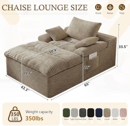 65" Oversized Chaise Lounge Chair Indoor, Chaise Lounge Chair Double Layer Side Pockets 3 Pillows, Cloud Corduroy Chaise Sofa Bed Sleeper Couches for Living Room No Assembly Require,Camel