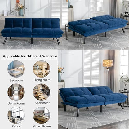 Modern Navy Blue Velvet Convertible Folding Futon Couch Sofa Bed | Adjustable Pillow Top Arm Memory Foam Couch Double Loveseat Sofa for Compact Living Space,Dorm,Game Studio,Apartment,Bedroom