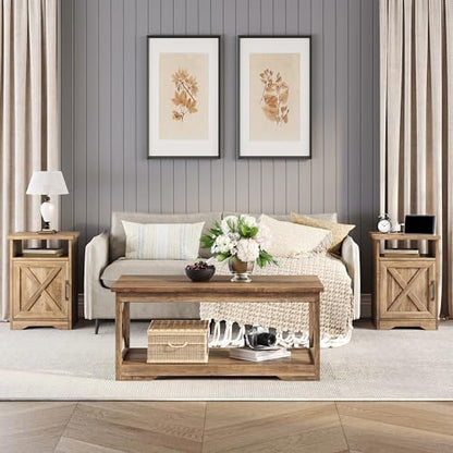 LUXOAK 3 Piece Living Room Table Set with Barn Door, Barnwood | Includes Coffee Table and 2 End Tables, Charging Station &USB Ports, Rustic Farmhouse Style, Living Room Furniture Set