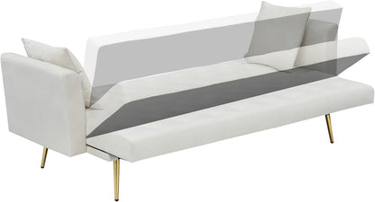 71" Modern Velvet Sofa Bed Futon, Convertible Sleeper Couch, Adj. Backrest | Tufted Recliner Loveseat Design with Golden Chrome Legs & 2 Pillows, Perfect for Small Spaces, Living Room, Apartment