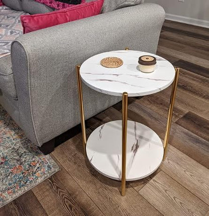 Gold End Table, Faux Marble Side Table, 2-Tier Small Round Nightstand for Bedroom - Modern Accent Table for Living Room Couch, Metal Frame (1 Pack)