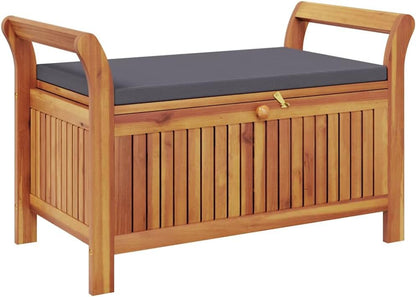 Solid Acacia Wood Patio Storage Bench with Cushion, 35.8 Inch Outdoor Bench for Garden, Curved Arms, Ample Storage for Pillows and Blankets