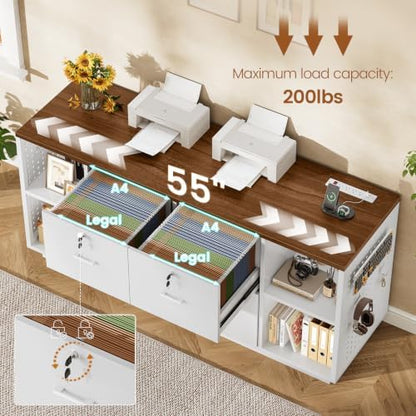 SEDETA 55" File Cabinet with Lock, Large 3 Drawers Filing Cabinets for Home Office, Lockable Printer Stand with Storage, Power Strip, LED Light & Pegboard, White + Brown