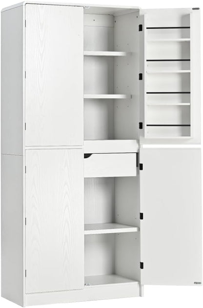 72" Tall Kitchen Pantry with Hidden Drawer, 8 Door Shelves & 3 Adjustable Shelves Farmhouse Cabinet, Versatile Cupboard for Kitchen, Dining & Bathroom (White)