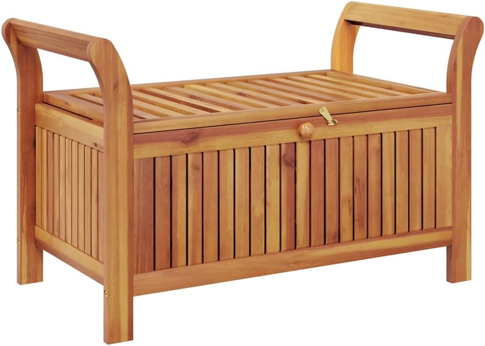 Solid Acacia Wood Patio Storage Bench with Cushion, 35.8 Inch Outdoor Bench for Garden, Curved Arms, Ample Storage for Pillows and Blankets