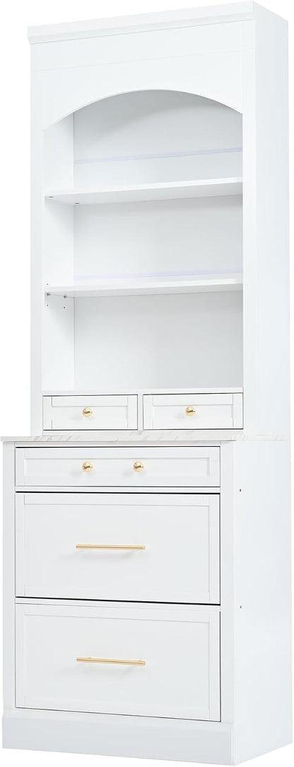 Modern 83.7inch High Kitchen Pantry, Freestanding Tall Kitchen Hutch with Faux Marble Top, Display Cupboard Cabinet with 5 Storage Drawers and Adjustable Shelf (White-073)