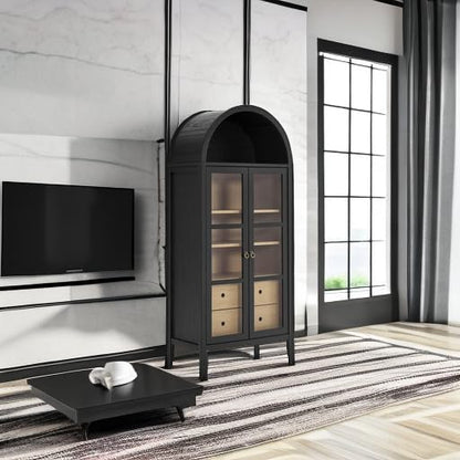 Modway Nolan Modern Farmhouse 71 Inch Tall Arched Storage Display Cabinet in Black Oak