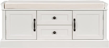 GDFStudio Jasd 42.50" Storage Bench with 2 Drawers and 2 Cabinets, Shoe Bench with Removable Cushion, Solid Wood Frame Storage Ottoman, Rectangular Cabinet Shoe Seat for Living Room Entryway, White